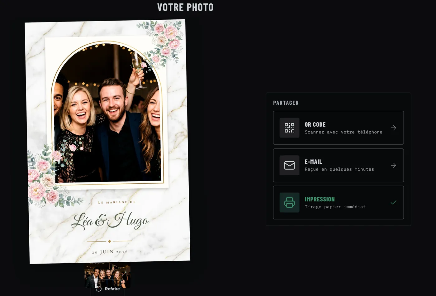 La photo des invités dans le modèle « Jardin d’ivoire », prête à imprimer ou à partager.